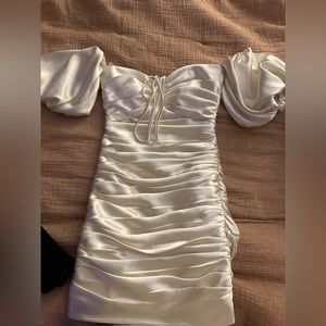 cinq a sept Ivory Satin Ruched Mini Dress